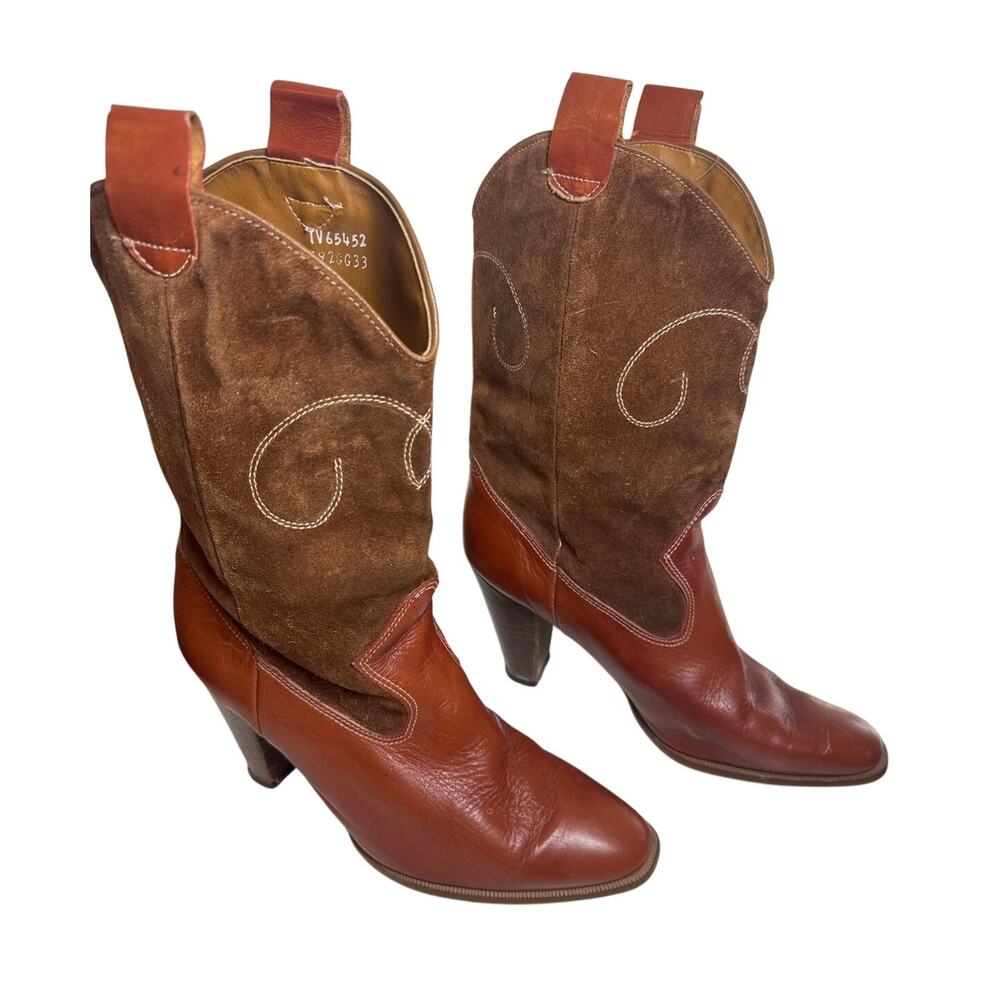 Vintage Leather Western Heeled Cowboy Boots Size 8.5 Brown 3" High Heels Cowgirl